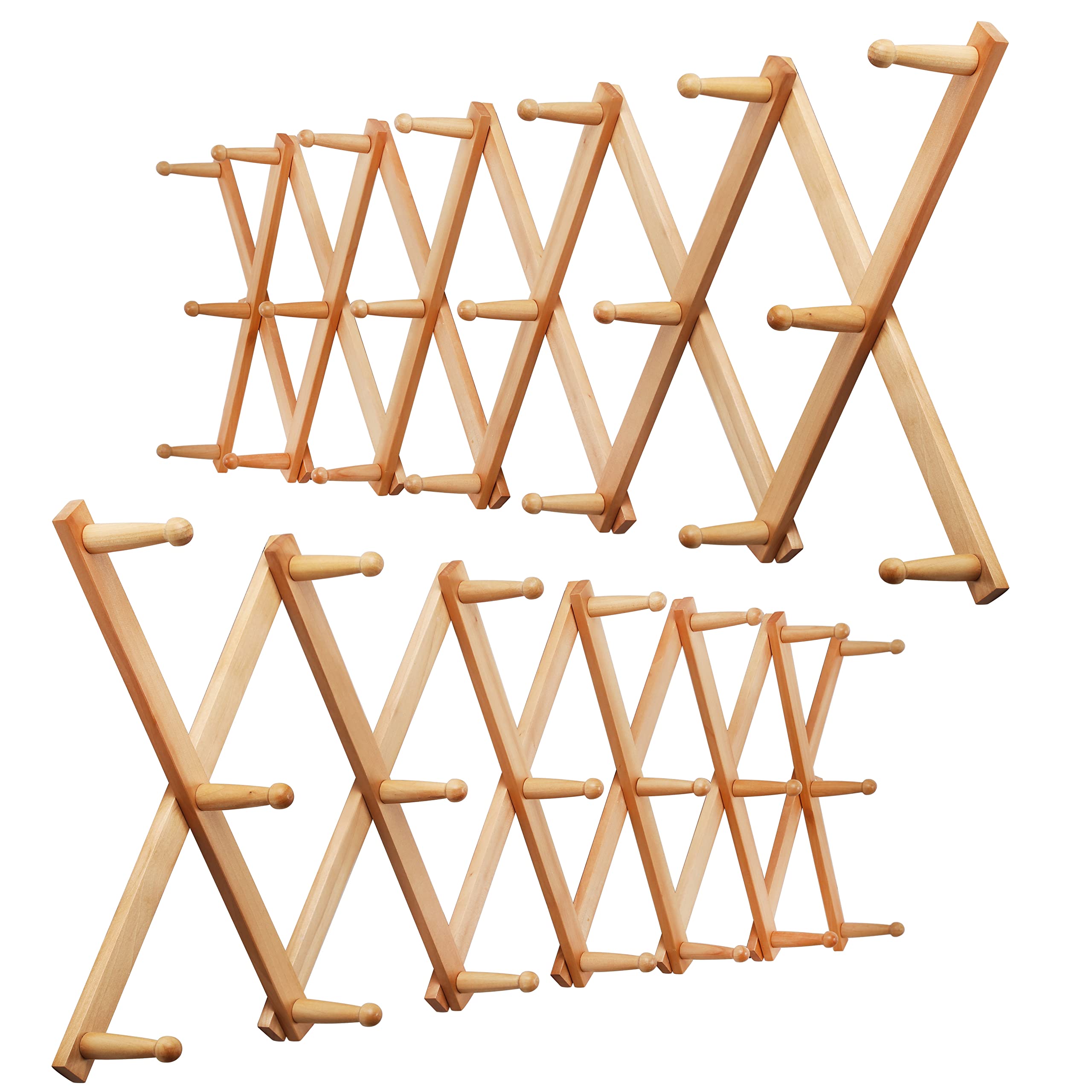 WEBI Accordion Wall Hanger,Wooden Expandable Coat Rack,Accordion Hat Rack for Wall for Hats,Caps,20 Peg Hooks,Natural,2 Packs Image