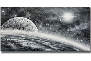 moshinart 24 x 48in Hand-Painted Oil Painting 3D Texture Black White Grey Modern Minimalist Black Abstract Wall Art, Home Office Wall Decoration planet