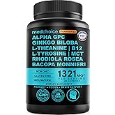 MEDCHOICE 12-in-1 Nootropic Brain Supplement with Caffeine, 60ct | Memory, Focus and Brain Support, Ginkgo Biloba with Alpha GPC and L-Theanine, Caffeine Enhanced, Nootropic Supplement