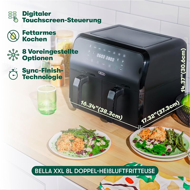 8L Dual Basket Heißluftfritteuse mit Touchscreen, 8 Kochfunktionen, einstellbarer Temperatur, automatischer Abschaltung und Timer, antihaftbeschichteten Kochschalen, 1700W, Schwarz