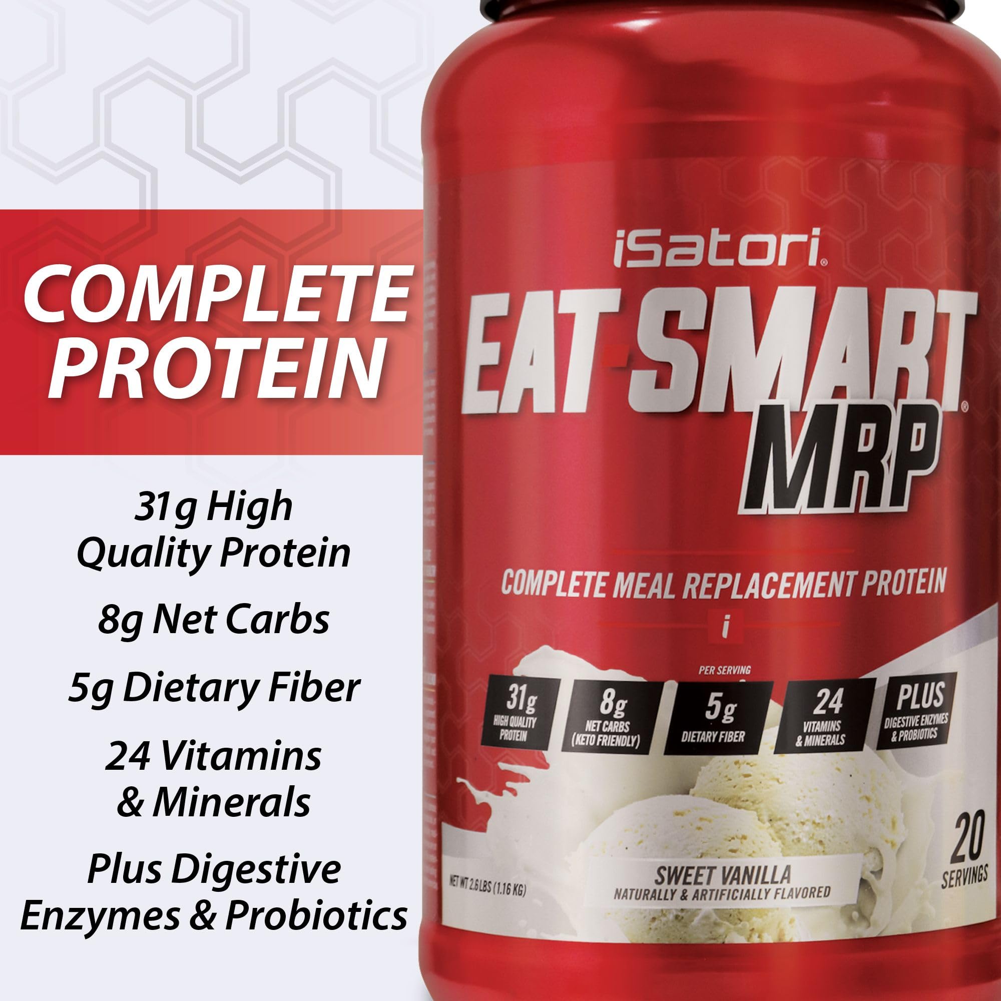 iSatori Eat Smart MRP, High Protein Meal Replacement Shake with Whey Protein Powder, Probiotics Powder, Casein Protein, MCT Oil, Egg Albumen, Vitamins & Minerals, Keto, Vanilla Flavor, 20 Servings