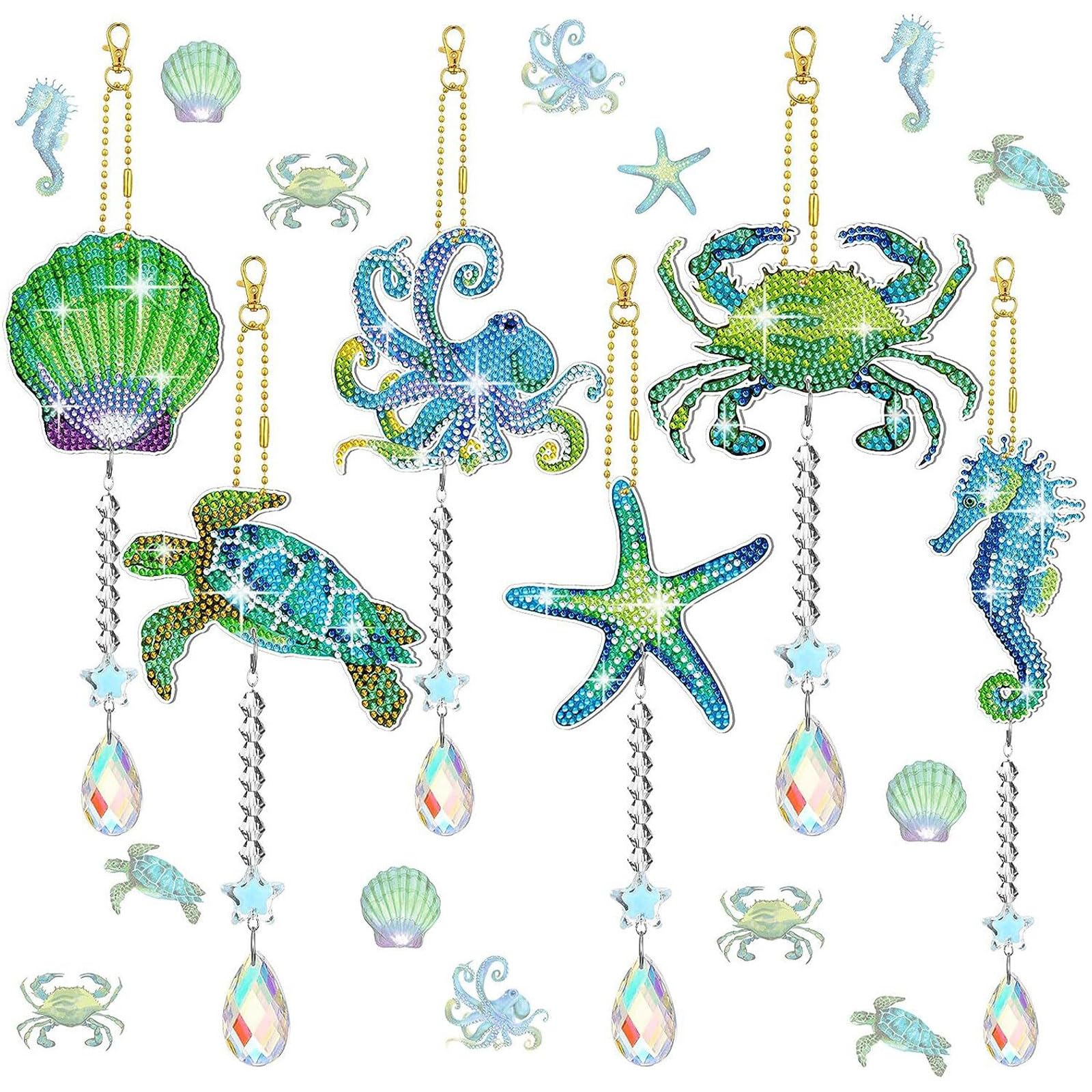 AUAUY DIY Diamond Painting Wind Chime, 6 Pack 5D Diamond Painting Suncatcher, Double Sided Hanging Diamond Art Painting Ornaments with Crystal Pendant for Adults Art DIY Window Home Garden Decor