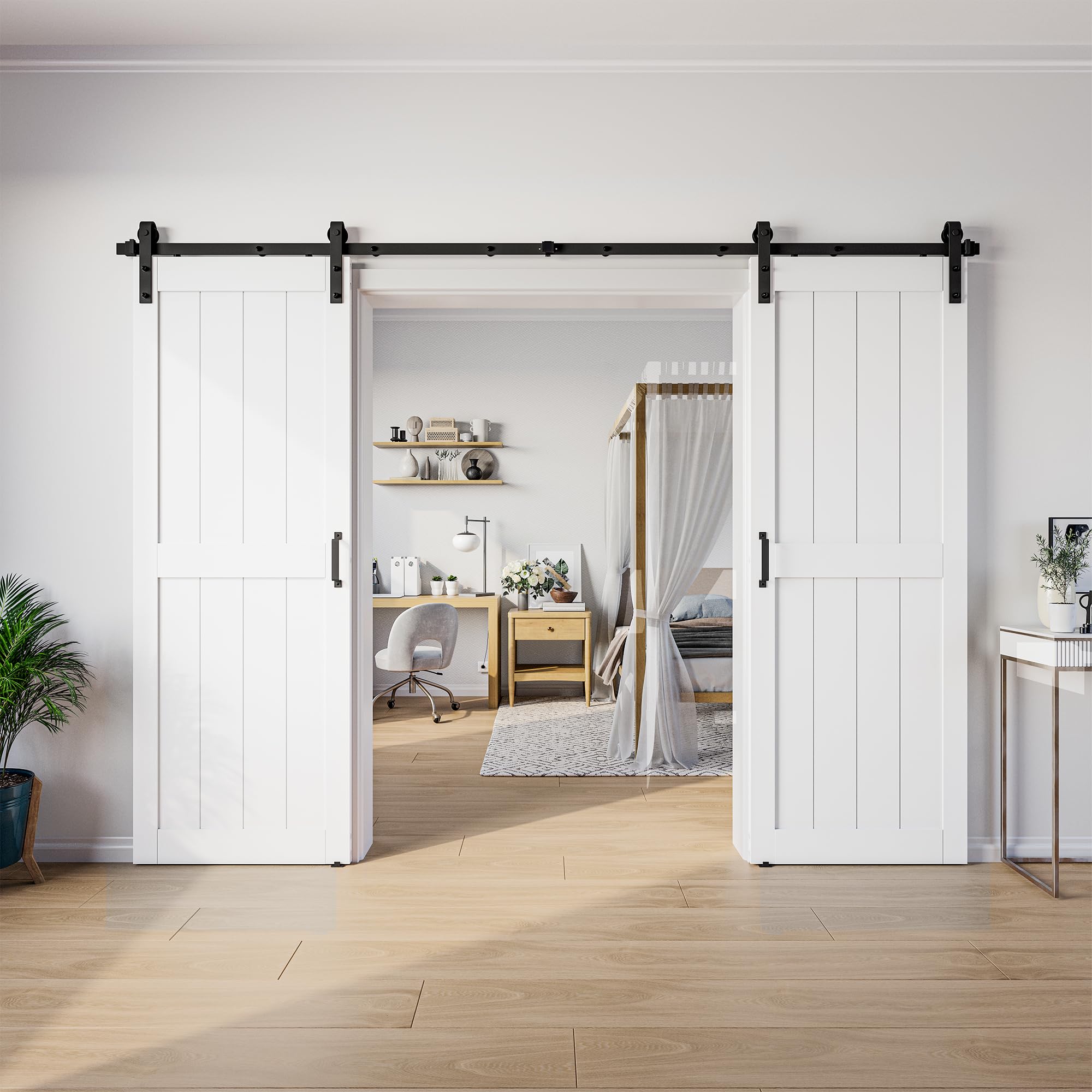 Photo 1 of ***NO DOORS***

SmartStandard 64 x 84 in (Double 32x84 Door) White Barn Door with 11FT Sliding Hardware Kit & Handle, Pre-Drilled Ready to Assemble, Waterproof PVC Coating, H-Frame