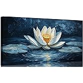 Large Zen Canvas Wall Art White Lotus Floral Bloom In Water Picture Wall Decor Abstract Night Lotus Poster Print Artwork for Yoga Spa Meditation Spiritual Room Bathroom Living Room Office