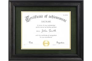 Yaetm 11x14 Diploma Frame, Certificate Frame with Tempered Glass, Display 8.5x11 Document with Dark Green Over Gold Acid-free Mat or 11 x 14 without Mat, Wide Molding (Single, Black/Green)