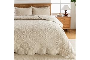 meadow park Embroidered Quilt Set King Size - 3 Pieces, Washed Cotton Blend Lightweight Bedspreads with Scallop Edges, Reversible Coverlets Bed Cover All Season Quilts-Khaki