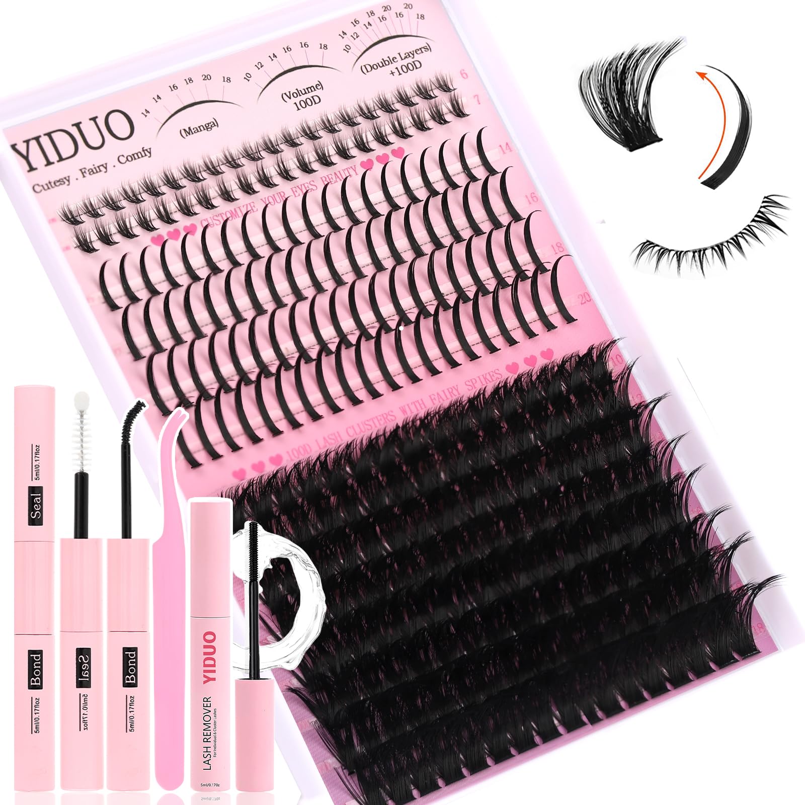 Photo 1 of lashes only.....YIDUO Lashes Clusters Kit Bottom Lashes with Spikes 100D Cluster Eyelash Extensions Kit 10-120mm D Curl Volume Manga DIY Individual Strips Lashes Thick with Lash Bond and Seal Tweezers Remover