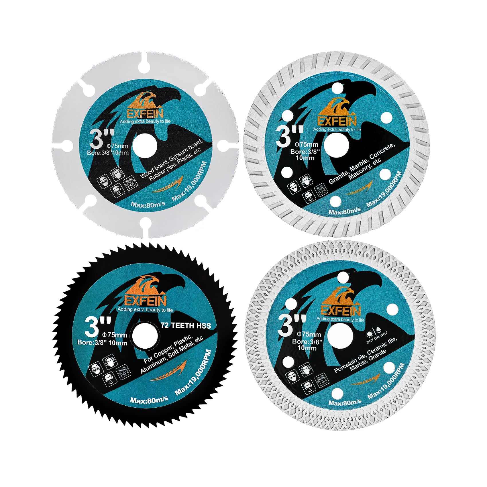 EXFEIN 75mm Cutting Discs Set 4pcs for Cutting Tile Soft Metal Wood Concrete Diamond Disc Circular
