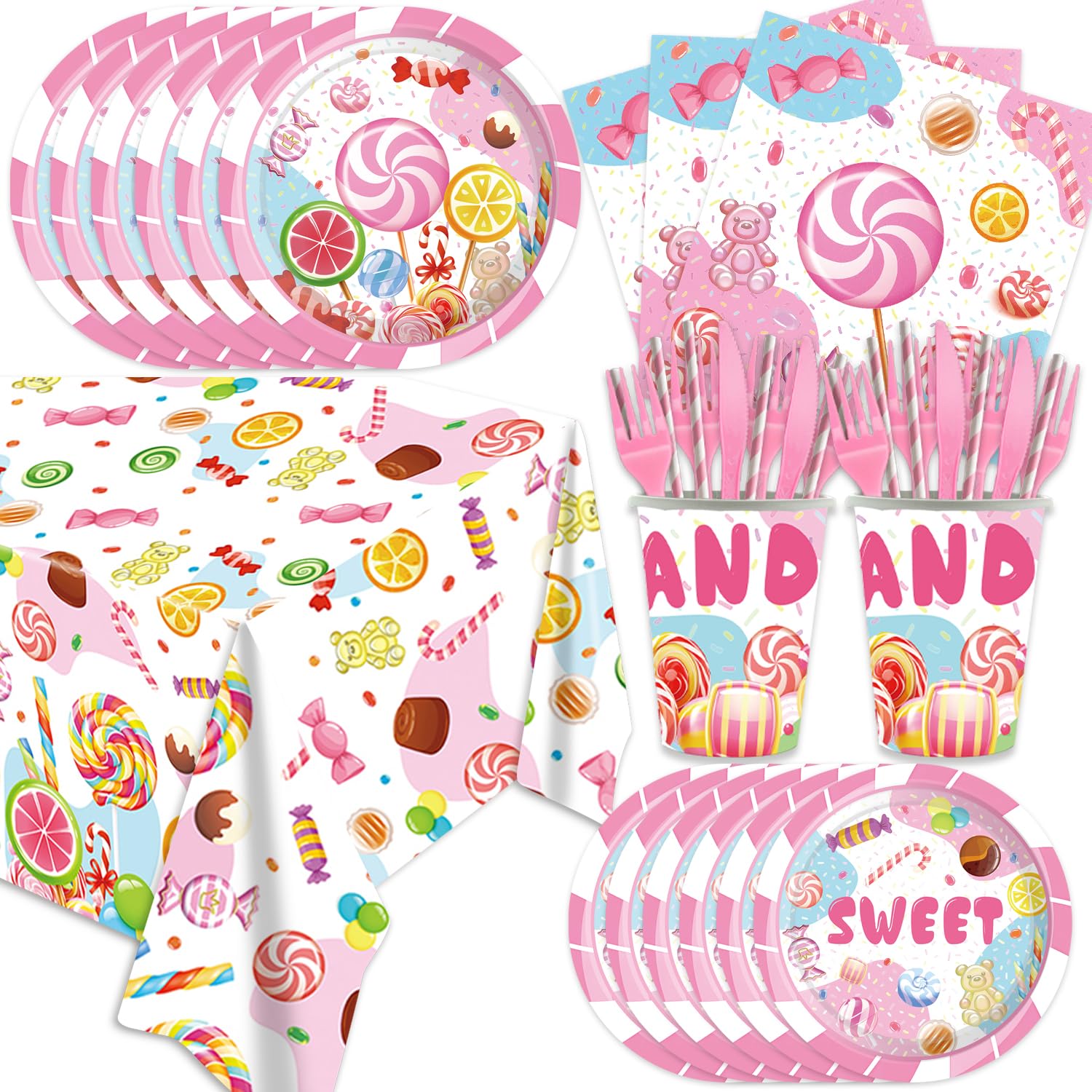 Photo 1 of 141Pcs Candy Land Party Decoration Pink Sweet Baby Shower Decor Candyland Birthday Plates Napkins Cups Straws Cutlery Tablecloth Set Supplies for Girl Candyland Party Decorations