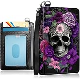 RAUEDWDJS Leather Slim Wallet for Men Women - RFID Blocking Front Pocket Wristlet Lanyard,Small Credit Card Holder Wallets ID Window Card Organizer Gifts,Purple Skull