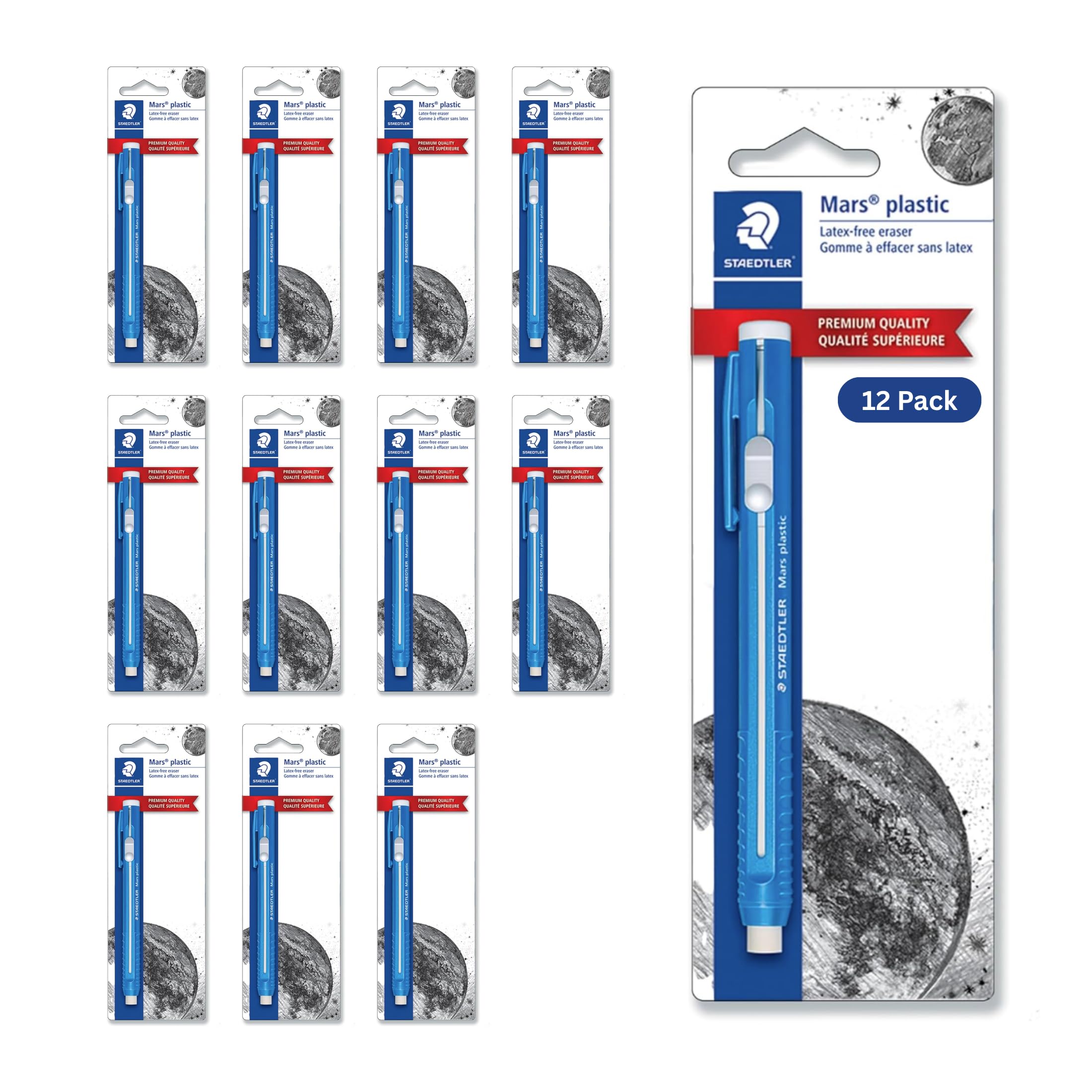 STAEDTLER 12-Pack Mars Plastic Eraser Pen with Refillable Holder, German-Made Eraser for Pencils, Smudge-Free & Tear-Free Precision, Retractable Design with Clip, Blue, 12 Count Image