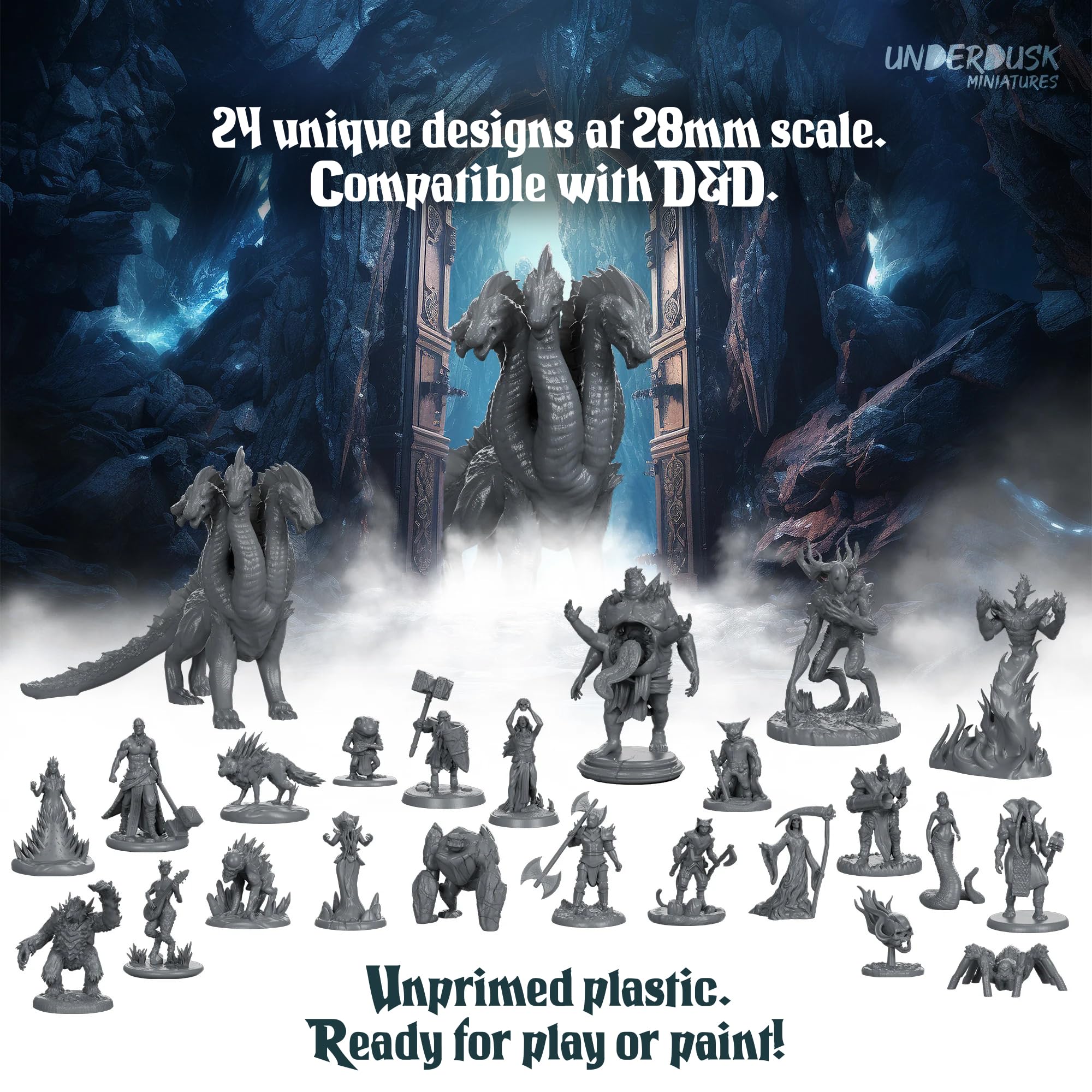 Underdusk Chaotic Encounters - 64 Unpainted Tabletop Miniatures for D&D, Pathfinder & RPGs | Monster Figures Starter Pack with Stat Blocks