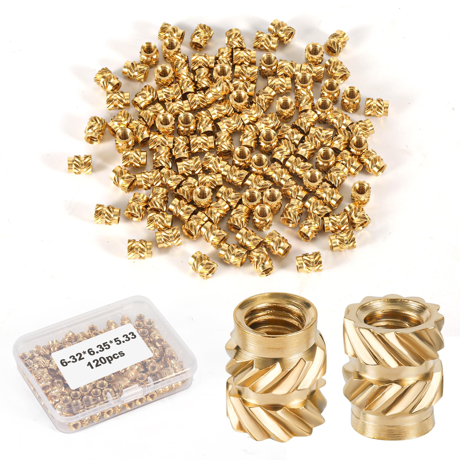 120pcs Threaded Insert, 6-32 x 6.35 x 5.33mm 3D Printing Brass Nuts Knurled Brass Nuts Female Thread Knurled Heat Embedment Nut for 3D Printing Parts Loptop Automotive Plastic Shell