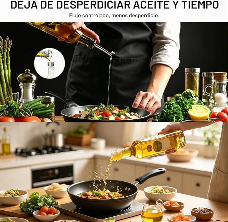 Aceitera de Vidrio, 2PCS 500 ml Botella Dispensadora Aceite con Embudo, — foto 4 de 8