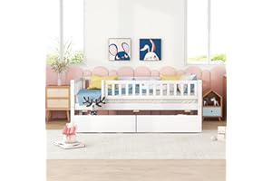 DEINPPA Twin Kids Bed Frame with Drawers, Kids Daybed with Storage, Wooden Platform Bed with Slat for Kids Children Toddlers Boys Girls-White