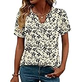 LOMON Womens Tops Dressy Casual V Neck Short Sleeve Shirts Summer Pleated Blouses Button Down Tunic Loose Fit