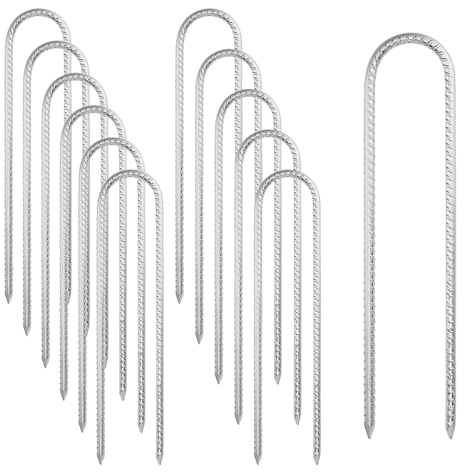 ZEONHAK 12 PCS 30cm U Shape Rebar Stakes, 12 Inch Silver Tent Pegs Galvanized Trampoline Anchor Ground Pegs for Camping Tents Trampoline