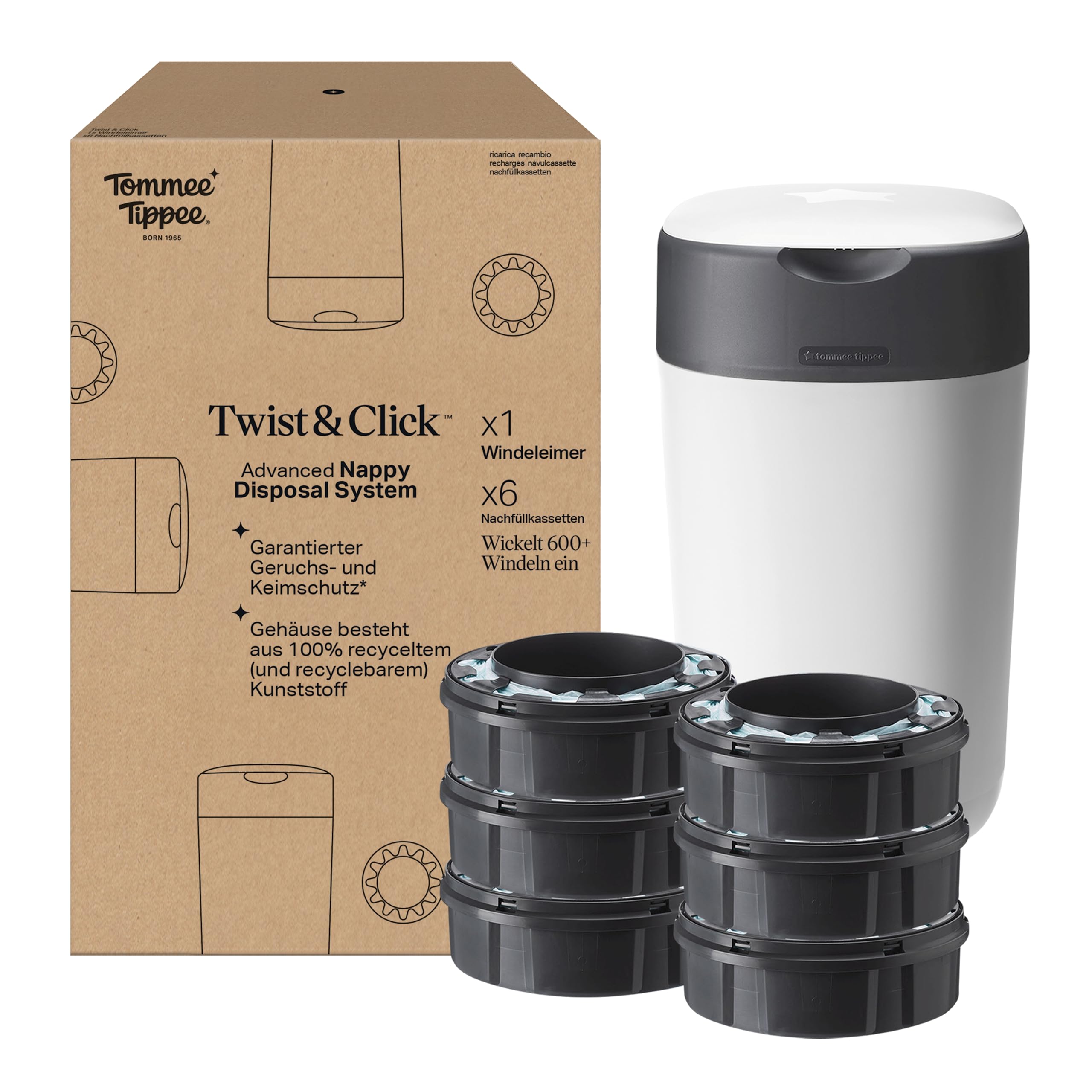 Tommee Tippee Twist and Click Advanced Windeleimer, umweltfreundliches System, inkl. 6x Nachfüllkassetten mit nachhaltig gewonnenem, antibakteriellem GREENFILM, Weiβ