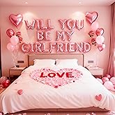 Pink 16" Will You Be My Girlfriend Balloons Letters - 18" Heart Balloons Alphabet Foil Mylar Balloons with 1200 Pcs Artificial Rose Petals for Valentines Day Decorations