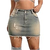 WDIRARA Women's Plus Size Distressed Denim Skirt Frayed High Waist Bodycon Mini Jean Skirts with Pockets