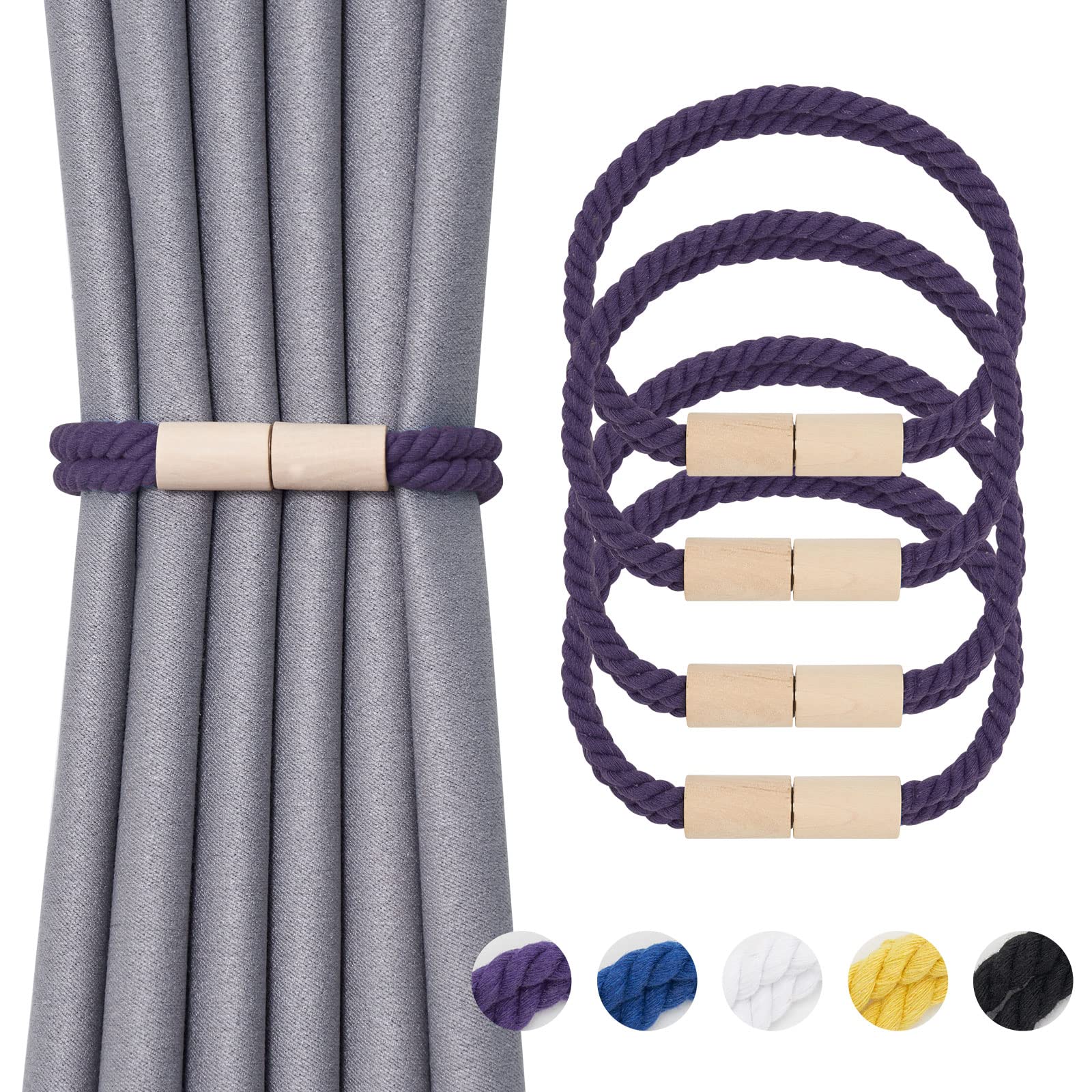 Pretty Jolly 4 Pack Wooden Magnetic Curtain Tiebacks Boho Decoration Drape Tie Backs Natural Cotton Handmade Double Rope Curtain Holdbacks for Thin & Thick Home & Office Window Drapery (New Purple)