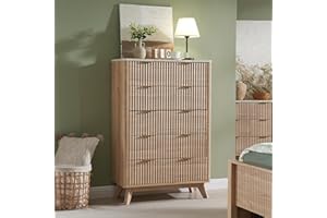 T4TREAM Fluted 5 Drawers Dresser, 48" Tall Modern Chest of Drawers with Faux Marble Top, Curved Profile Design, Wood Drawer Organizer for Bedroom, Living Room, Hallway, Entryway, Natural Oak