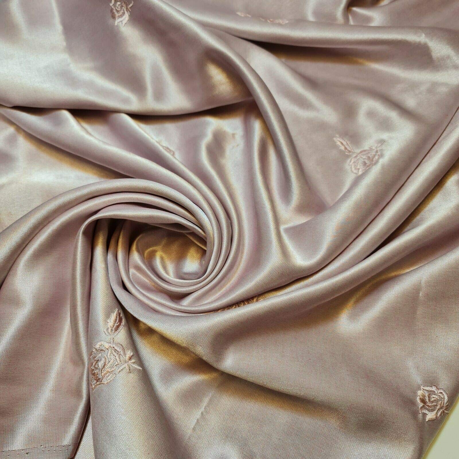 Pale Pink Japanese Satin Floral Embroidery Dress Craft Drape Material Fabric 44" (Pre Cut 1 Meter)