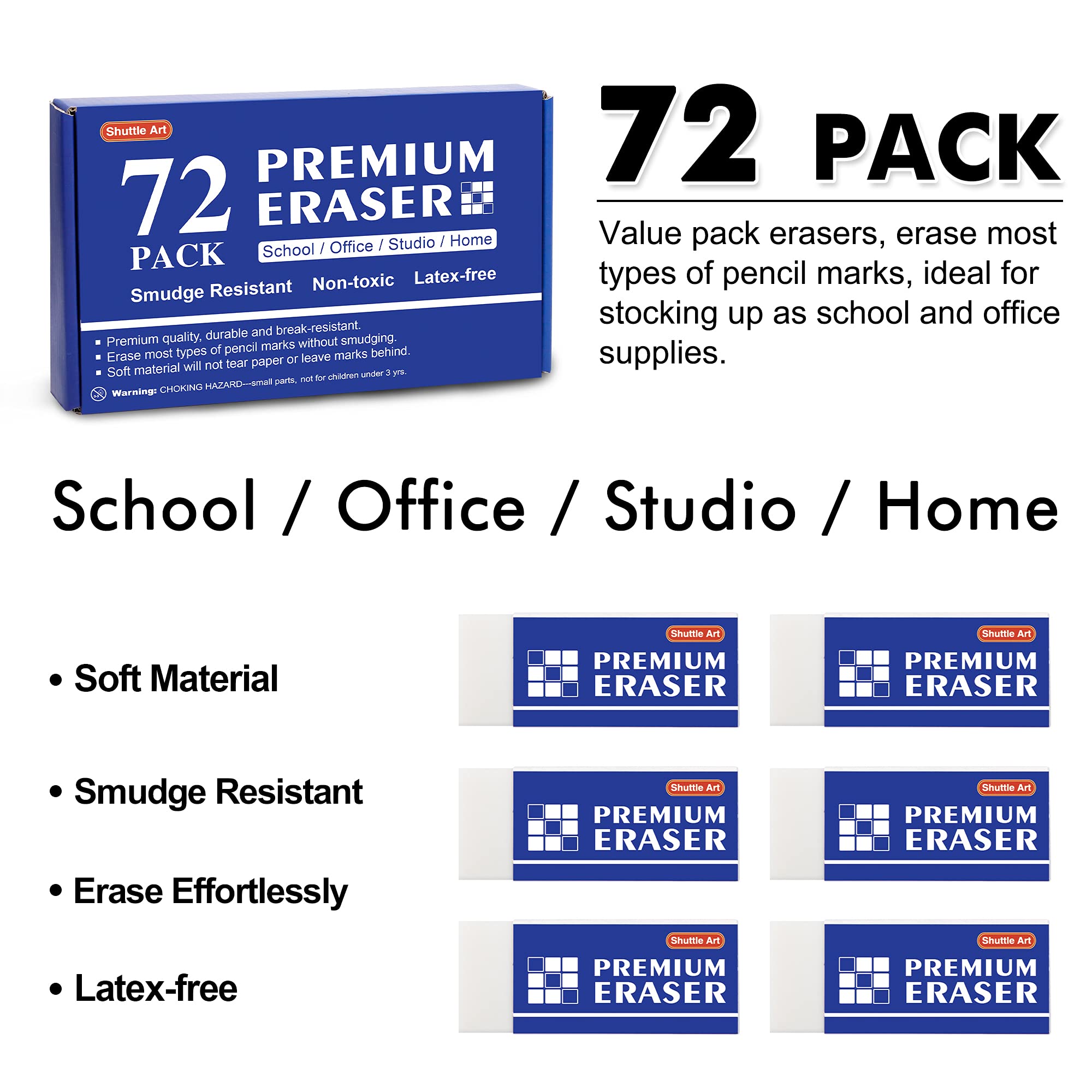 Erasers, Shuttle Art 72 Pack Premium Erasers Bulk, White Eraser Classroom Set for Kids Teachers as School and Office Supplies