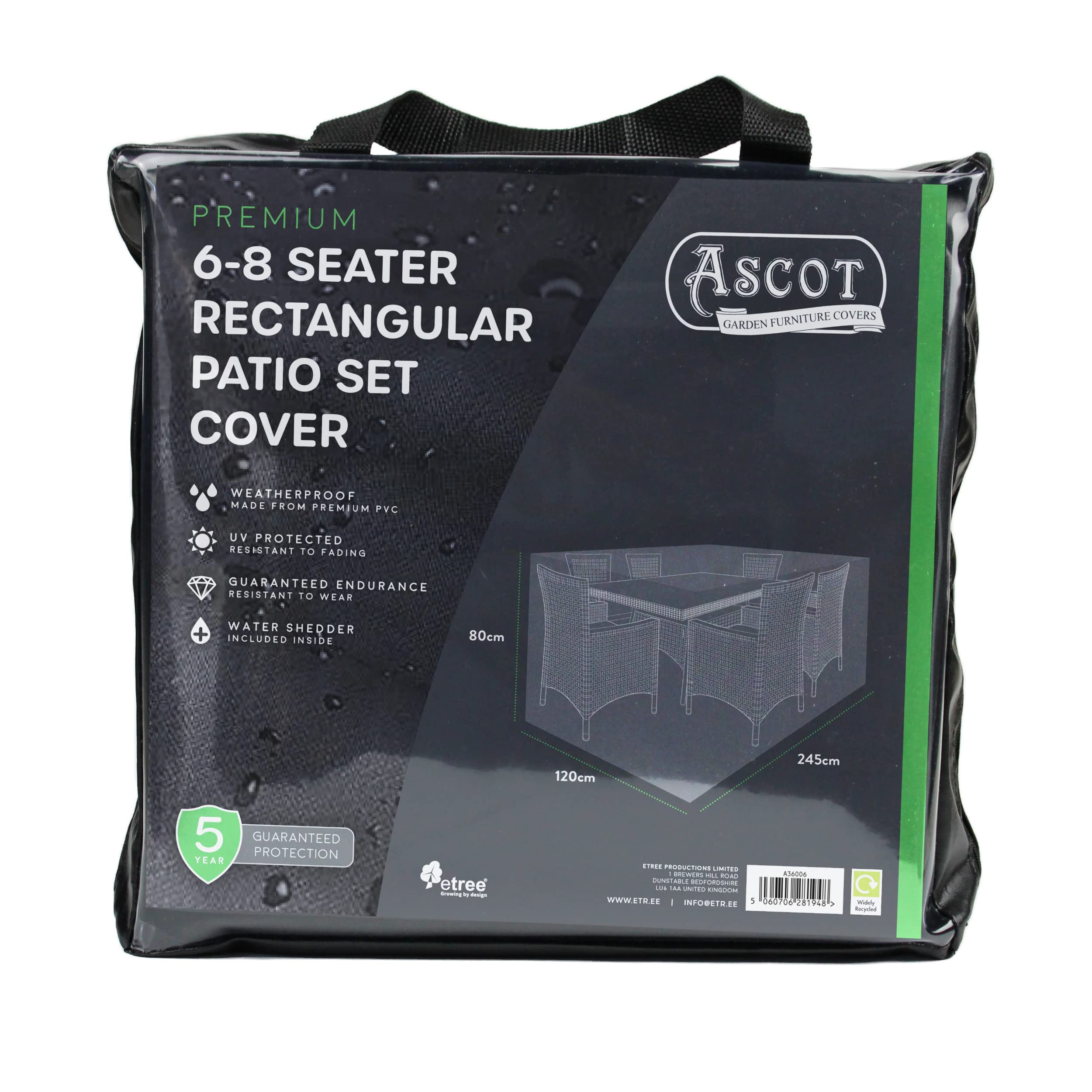 Ascot Premium Large(6-8 seater) Rectangular Patio Set Cover - 245 X 120 X 80 (H) cm Deep Black