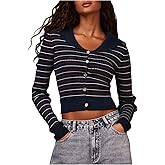 MakeMeChic Women's Striped Cardigan Crop Tops Sailor Collar Button Down Long Sleeve Sweaters