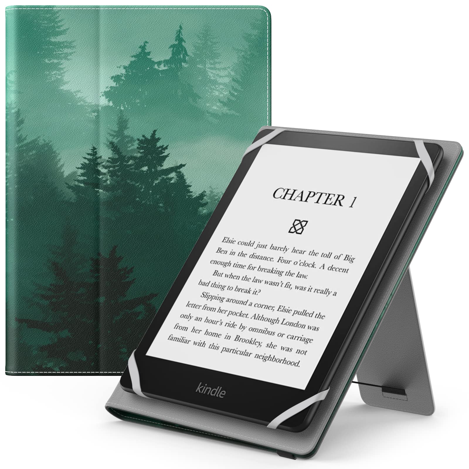 MoKo Universal Case for 6" 6.8" 7" Kindle eReaders Fire Tablet - PU Case with Adjustable Stand and Hand Strap, Green Forest — image 1