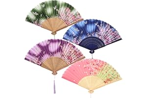 JOHOUSE 4 Pcs Floral Fabric Folding Fans with Tassel – Elegant Wedding Fans for Guests, Chinese Folding Fan, Japanese Handheld Fan, Asian Style Party Decorations & Gifts