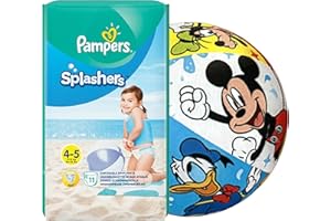 PARTYPOM Splashers Disposable Swim Diapers, Size 4-5 (20-33lb.) + Bonus Beach Ball, Absorbent and Adjustable Swim Pants for Baby, Toddler, Girls, Boys, 11 Count Plus