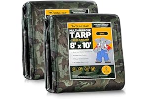 SUNLITAP 2 Pack Camouflage Tarp 8' x 10' Multipurpose Waterproof Tarps, Finished Size Tarp with Grommets Reinforced Edges, 5 MIL Light Duty Tarpaulin for Car, Camping, Boat, Roof, Protective Cover