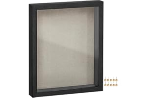 SONGMICS 11x14 Shadow Box Frame, Deep Box Frame with Top Slot and Push Pins, Picture Display Case, Linen Fabric Backing for DIY Craft, Glass Front, Christmas Gift, Black URPF009B01