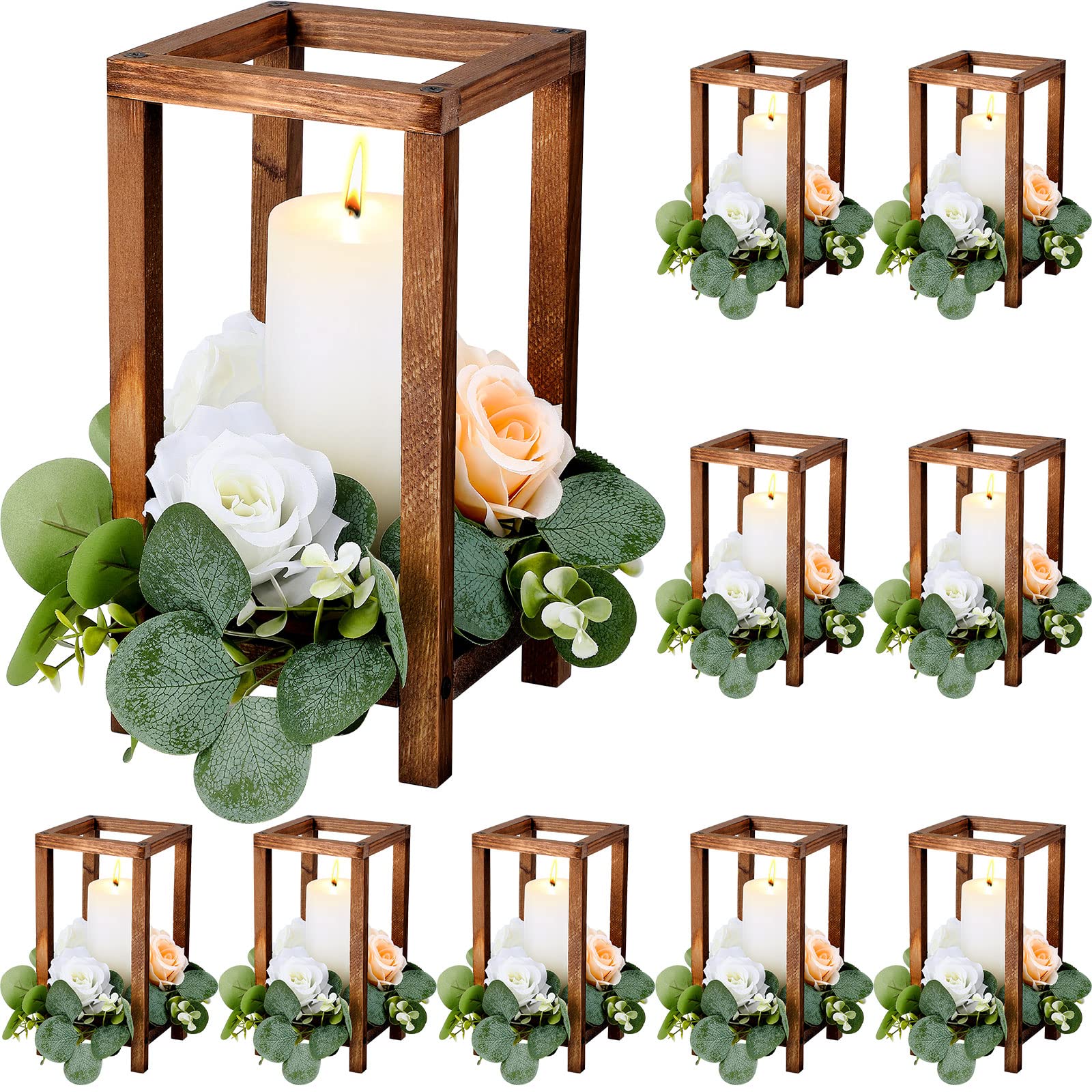 Photo 1 of Geelin 10 Pcs Wooden Wedding Lantern Centerpiece Candle Lantern Table Wooden Candle Holder Decorative for Wedding Party Table Valentine Decor(10.59 in,Brown)