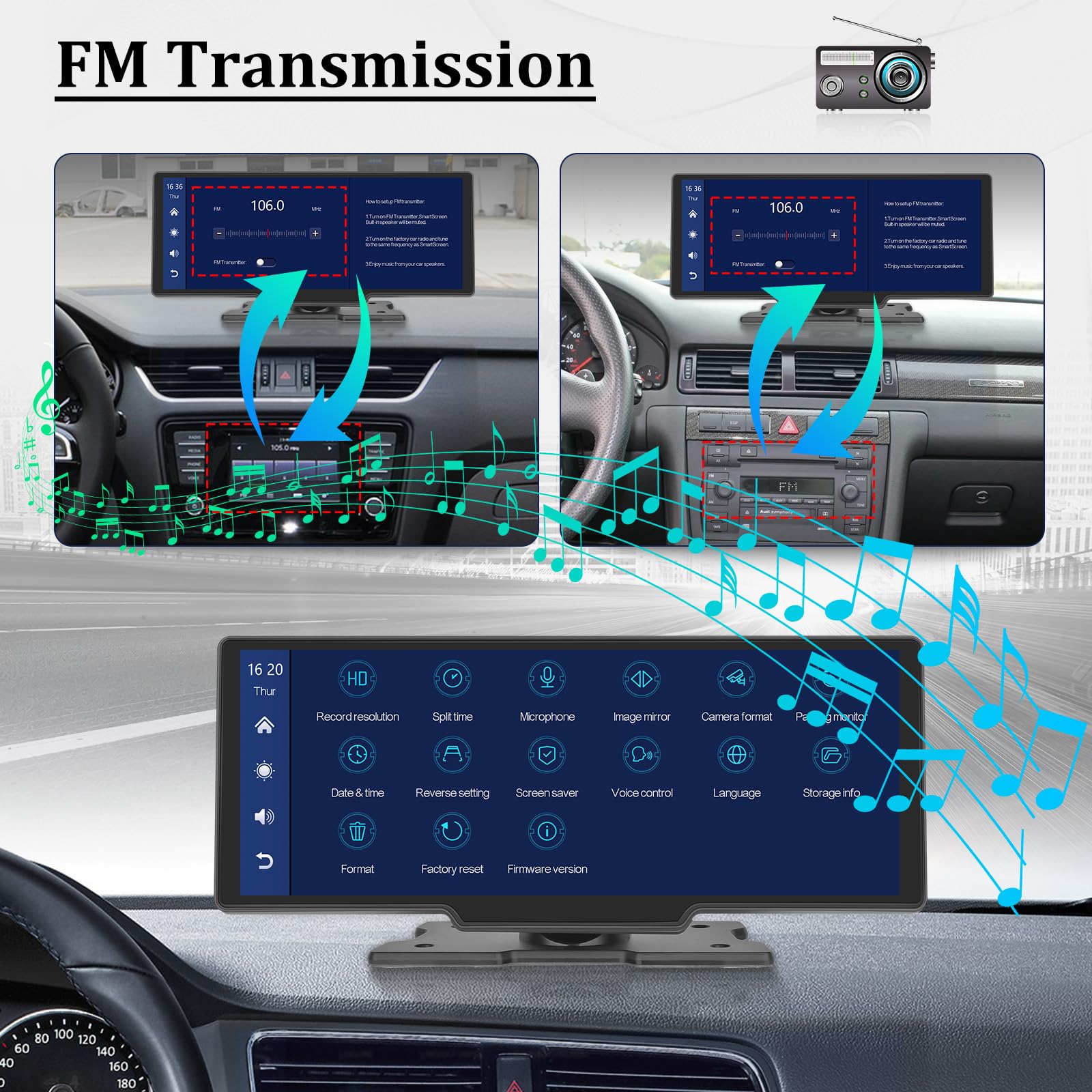 Carplay Screen Stereo 10.3 inch HD Wireless Portable Car Buddy Touchscreen Radio, Car Play & Android Auto FM Transmission Bluetooth for 7V-32V Vehicles