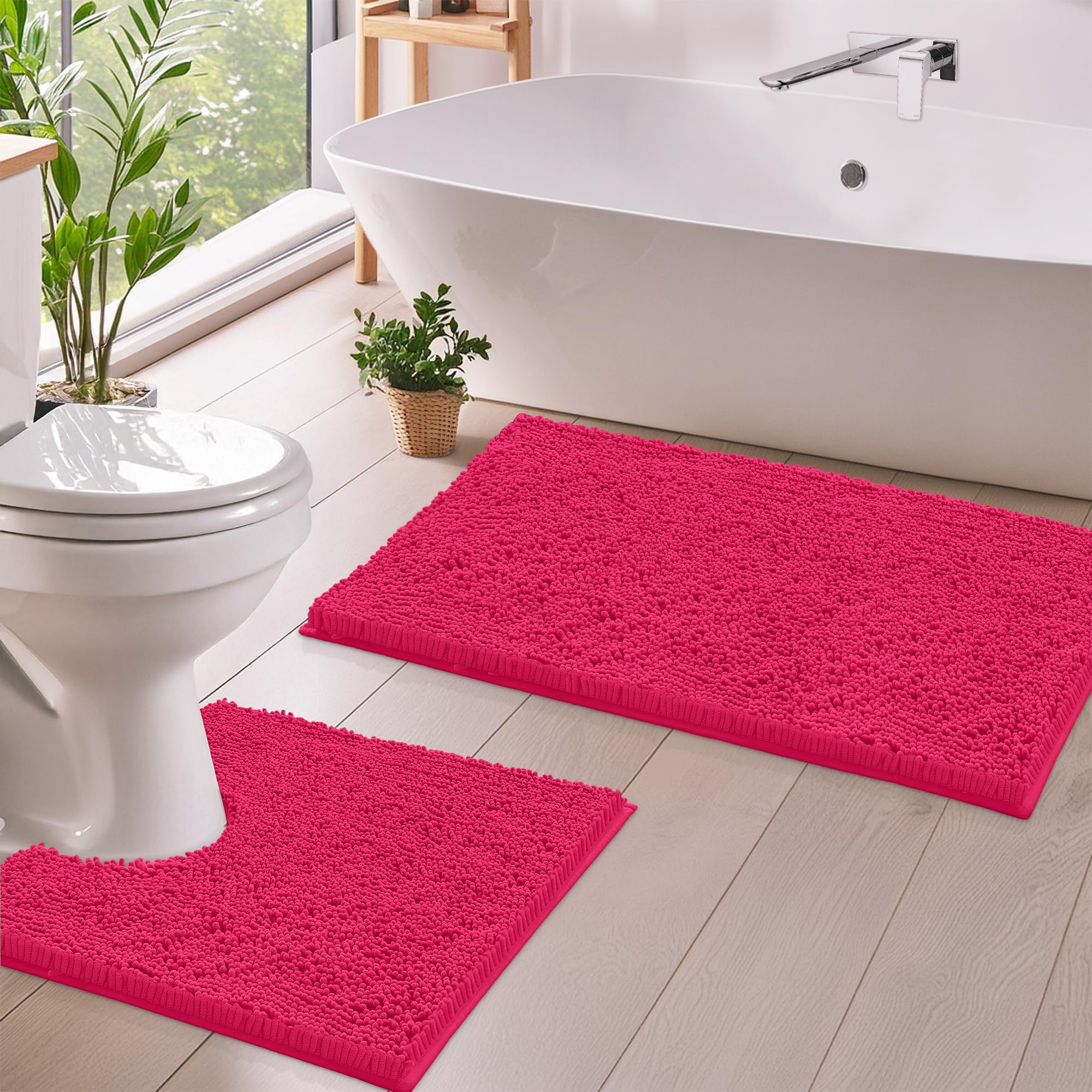 LuxUrux Luxury Chenille (2-Piece) Bath Mat Set, Soft Plush Anti-Slip Rug + Toilet Mat.1'' Microfiber Shaggy Carpet, Super Absorbent (Hot Pink, 80 x 50 cm + U Shaped 50 x 50 cm) โ image 1