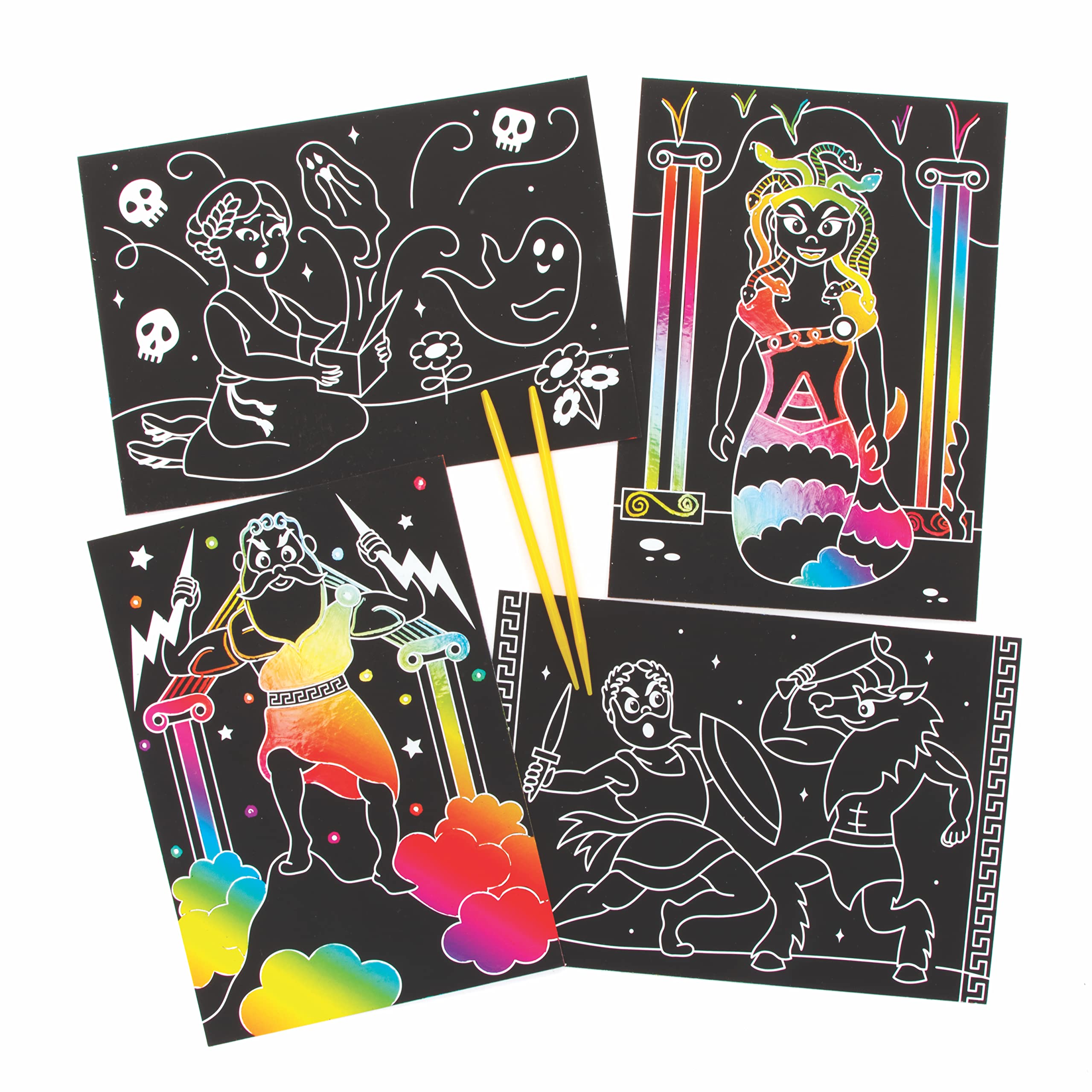 Baker Ross Greek Mythology Scratch Art - Pack of 8, Engraving Art for Children, Creative Activities for Kids