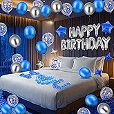 Blue Happy Birthday Balloons Banner Navy Blue Silver Birthday Balloons Letters with 6 Pcs Star Balloons Blue Artificial Rose Petals 24 Flameless LED Candles Set for Blue Birthday Party Decorations