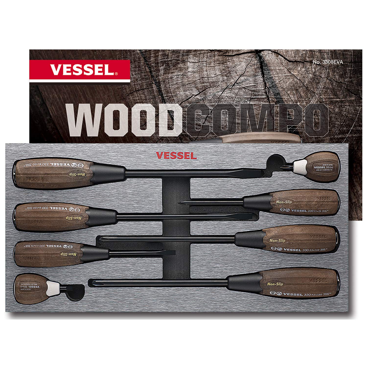 VESSEL No.3308EVA Wood-Compo Non-Slip Tang-Thru Screwdriver 8PC.Set