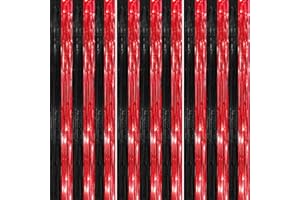 YEURFONTASY Black Red 3 Pack Metallic Tinsel Foil Fringe Curtains, 3.3x8.3 Feet Black Red Streamers Backdrop for Party, Door Streamers Party Decorations, Party Streamers for Birthday Christmas Party Decorations