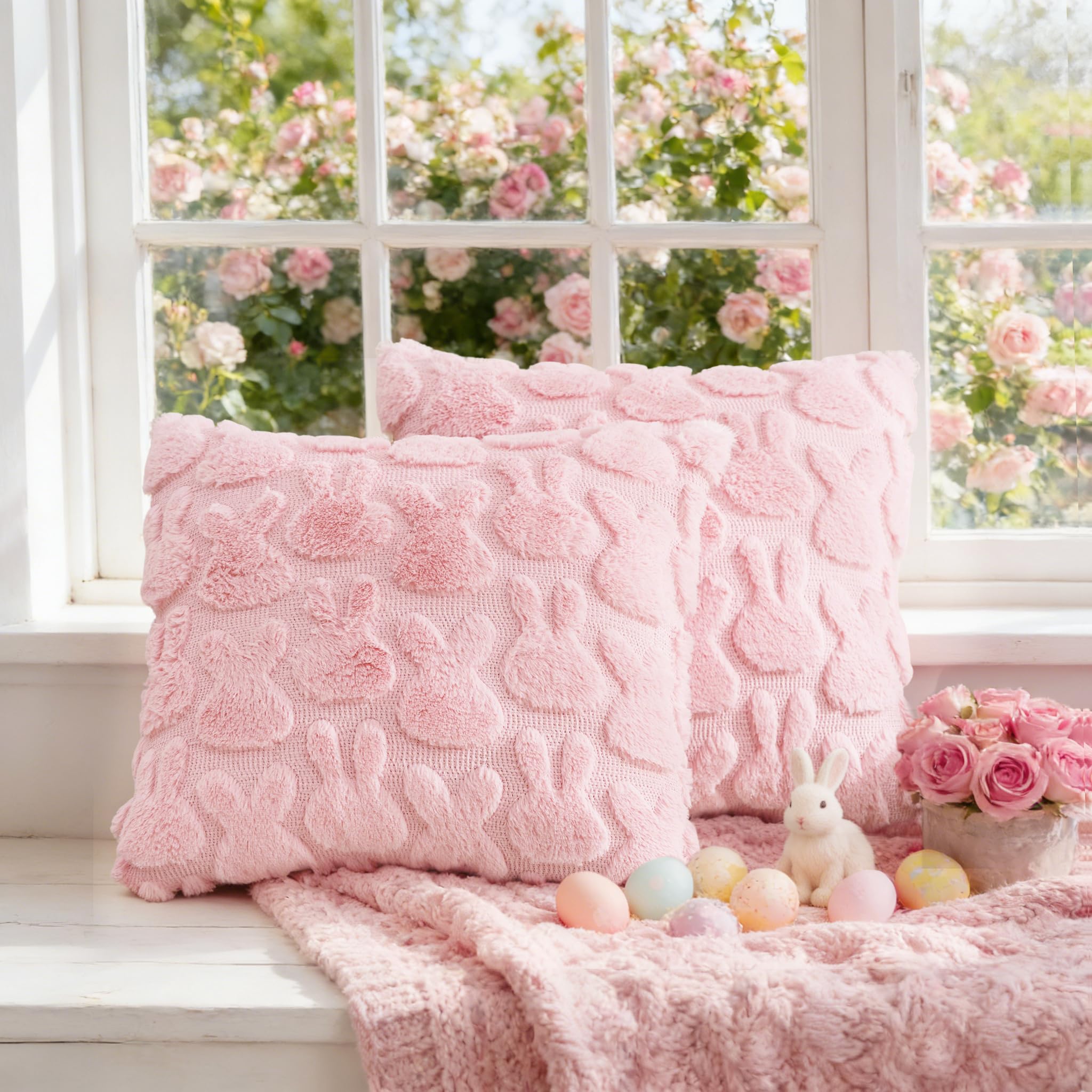 KIDHABE Easter Pillow Covers 18x18 inch, Set of 2 Soft Faux Fur Pink Rabbit Throw Pillowcases for Bedroom Sofa Couch Living Room Spring Happy Easter Decorations