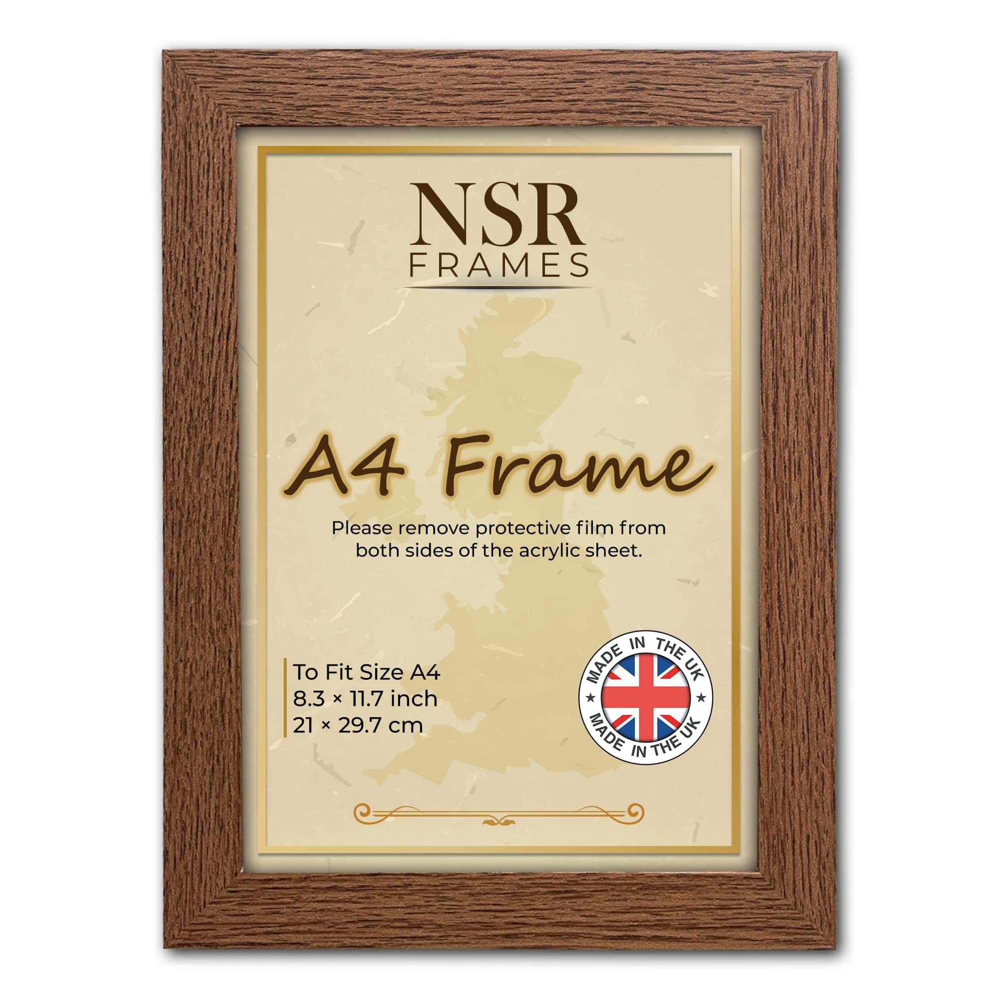 NSR 8.3 x 11.7 Inch A4 Dark Oak Picture Photo Frame Flat Wall Mount Hang Hooks & Free Tabletop Stand Poster MDF Wooden Portrait/Panoramic Clear Display
