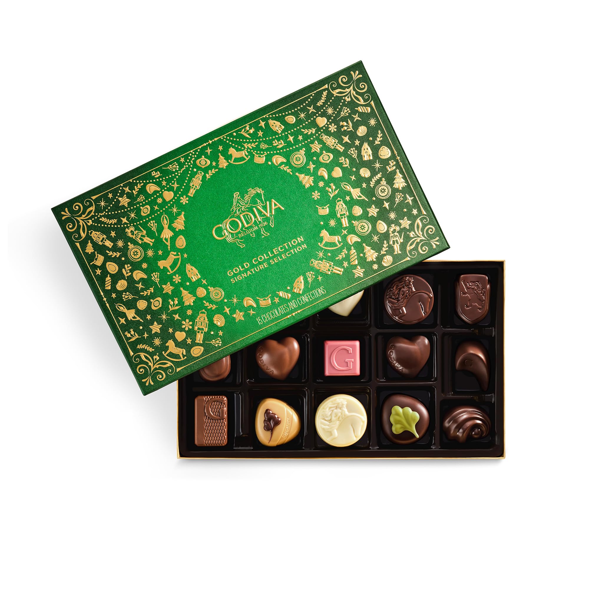 Godiva Holiday Gold Assorted Chocolate in Green Gift Box, Belgian Dark and Milk Chocolates with Pralinés, Ganaches & Caramels, Gourmet Christmas Gift, Non-GMO & Kosher, 15 Pc