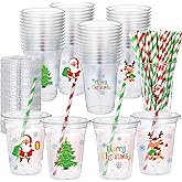 Sliner 50 Sets Christmas Disposable Plastic Cups with Lids and Paper Straws 16 oz Merry Christmas Clear Cold Beverage Drinking Cups for Xmas Holiday Party Supplies