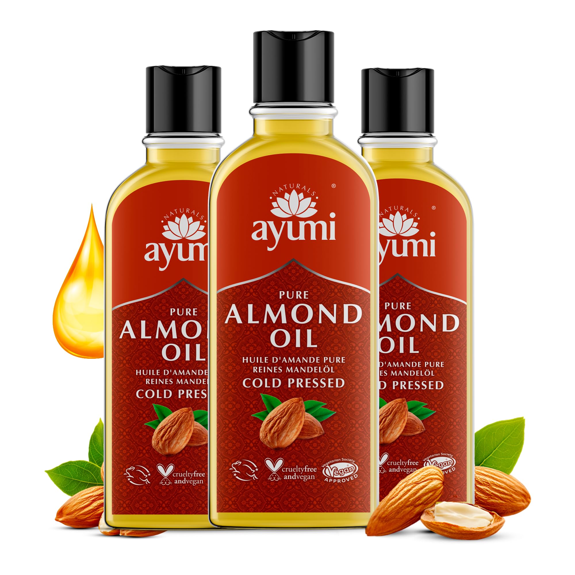 Ayumi Pure Sweet Almond Oil with Vitamin E | Hydrating Hair Oil for Dry Hair | AlmondOil for Skin Dryness | Anti-Ageing FaceOil | Body Oil for Dry Skincare | Beard Oil for Grooming | 3 x 150ml