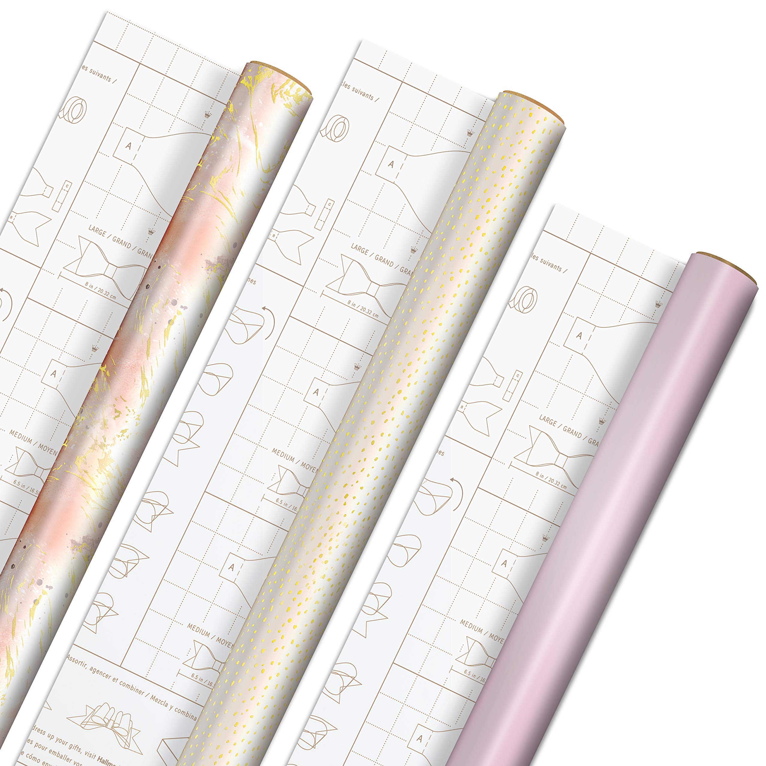 Hallmark Pink and Gold Wrapping Paper with Cutlines and Optional DIY Bow Templates on Reverse (3-Pack: 75 sq. ft. ttl) for Christmas, Birthdays, Weddings, Bridal Showers, Baby Showers, Crafts