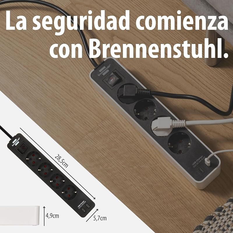Ecolor Regleta de enchufes de 4 vías con Enchufe USB (Regleta con 2X USB C, Interruptor y Cable de 1,5m) Blanco/Negro