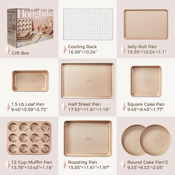 HONGBAKE 9-PIECE BAKING PANS SET NONSTICK, STACKABLE NON TOXIC BAKEWARE SETS WITH DIAMOND TEXTURE, OVEN PAN SET FOR COOKING, INCLUDES COOKIE SHEET WITH RACK, CAKE PAN, ROASTING PAN, MUFFIN TIN, GOLD